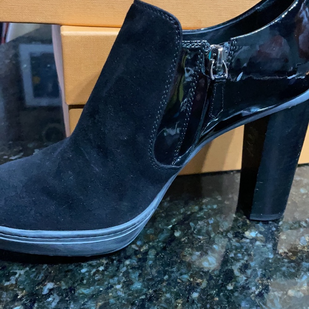Tod’s black suede and patent leather booties